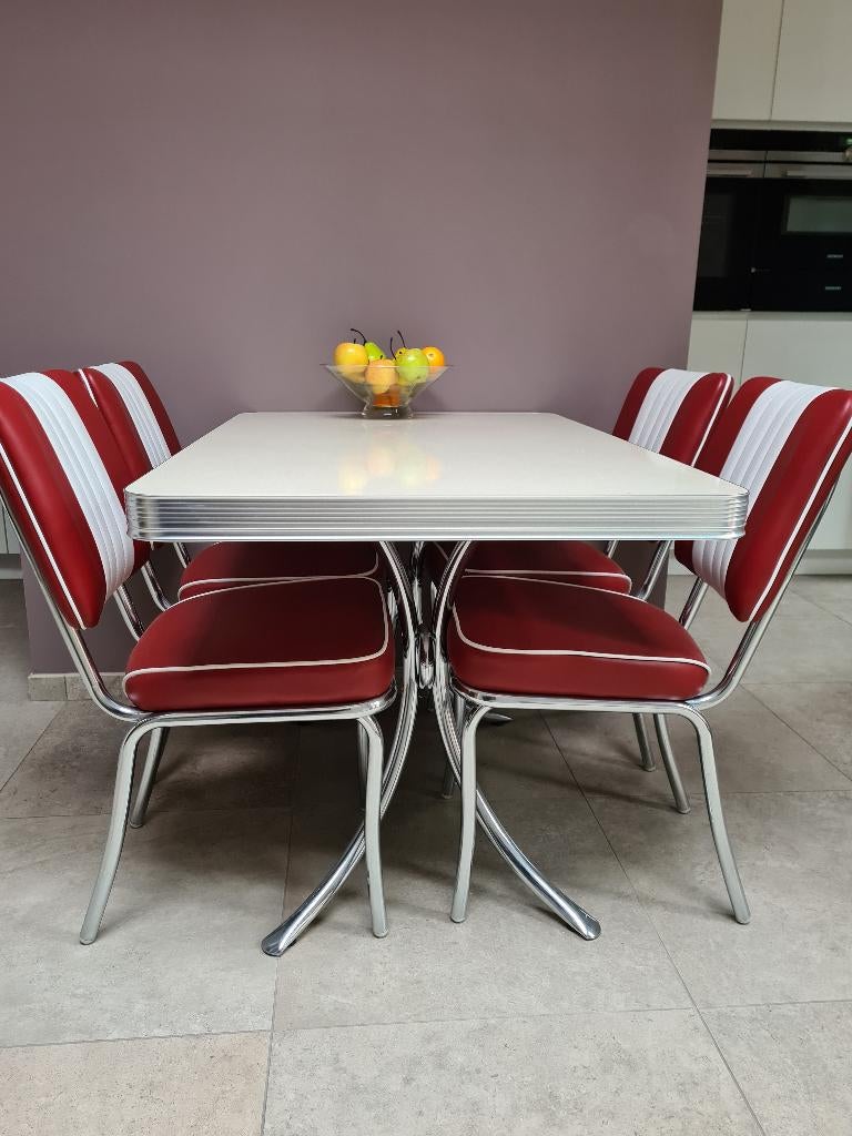 USA Fifties Bel-Air retro tafel met vier stoelen, Huis en Inrichting, Ophalen, 100 tot 150 cm, Zo goed als nieuw, Rechthoekig