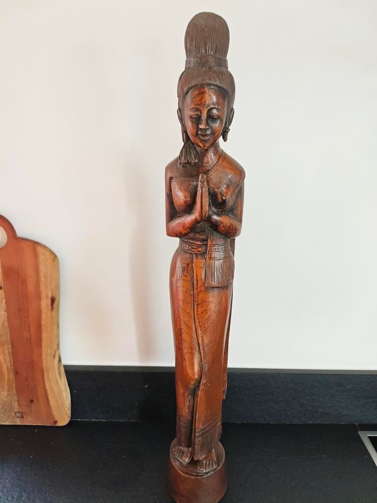 Groot houten beeld Thaise vrouw, 82cm hardhout, Maison & Meubles, Accessoires pour la Maison | Autre, Enlèvement ou Envoi