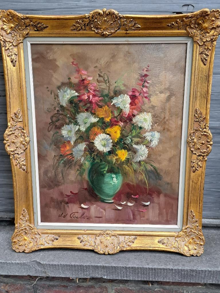 Huile sur toile fleurs signe jean jacques foulon, Antiquités & Art, Enlèvement ou Envoi