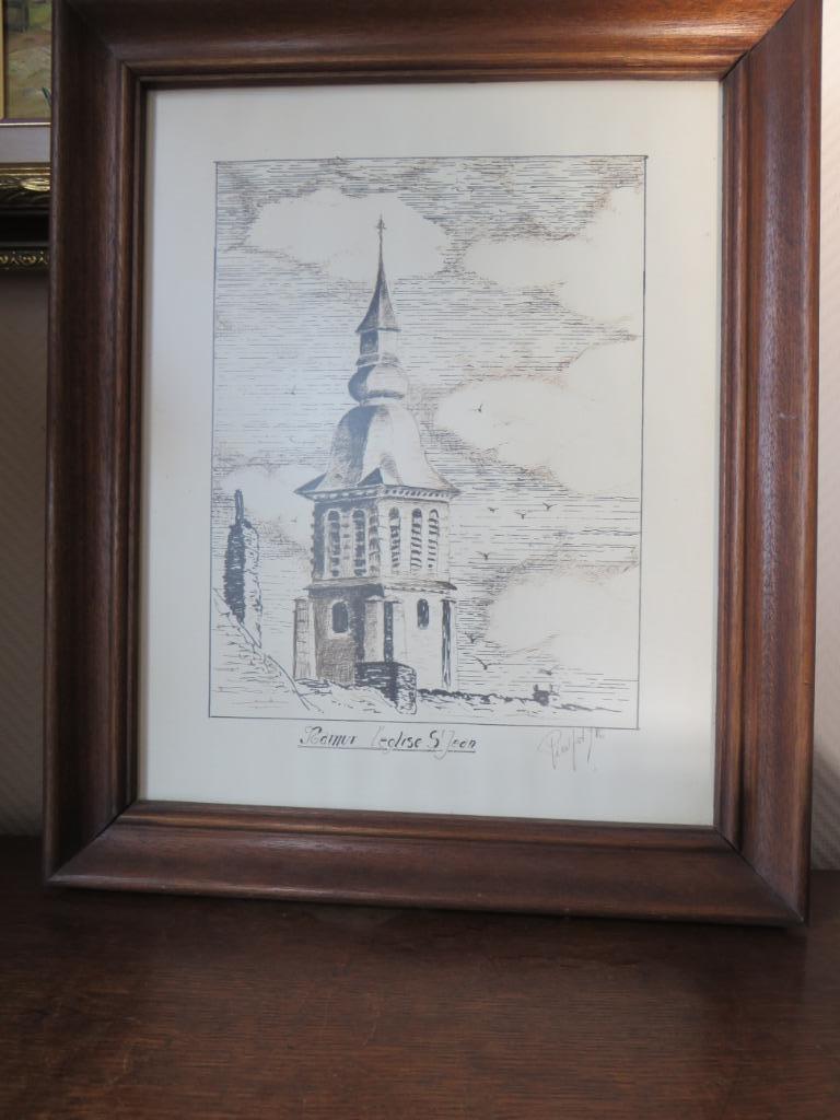 Dessin encadré clocher St Jean Namur Piefort, Antiquités & Art, Art | Dessins & Photographie, Enlèvement, Dessin, Dessin au fusain