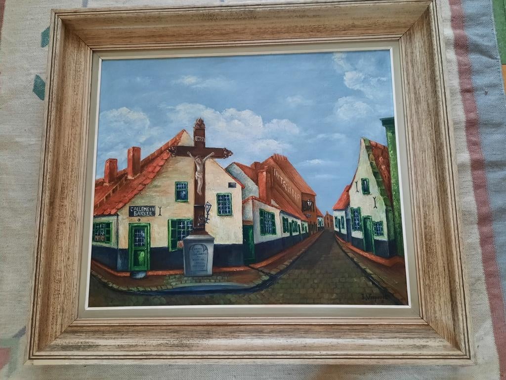 olieverfschilderij Roeselare kruis aan de Iepersestraat, Antiek en Kunst, Ophalen