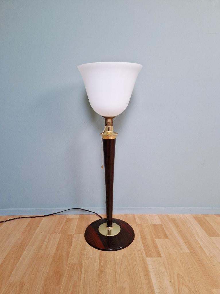 Grote Mazda Art Deco-lamp in hout en witte opaline, Antiek en Kunst, Ophalen of Verzenden
