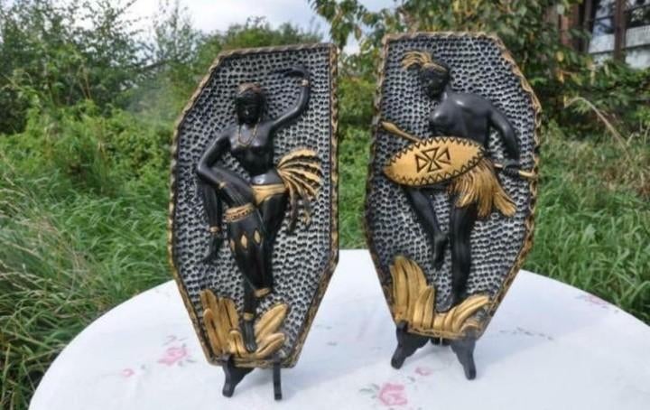 § paire de cadres en plâtre inspiration africaine années 50, Ophalen of Verzenden