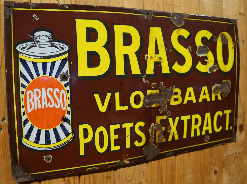 Antiek emaille Brasso Reclamebord Vloeibaar Poets Extract 19, Ophalen, Gebruikt, Reclamebord