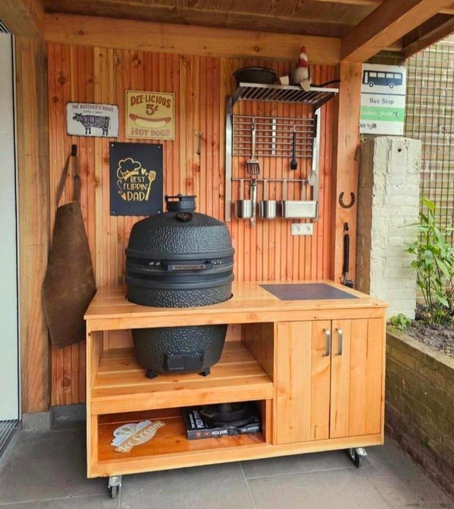 BBQtafel douglas met kastruimte voor iedere kamado, Tuin en Terras, Houtskool, Vrijstaand, Nieuw, Ophalen of Verzenden