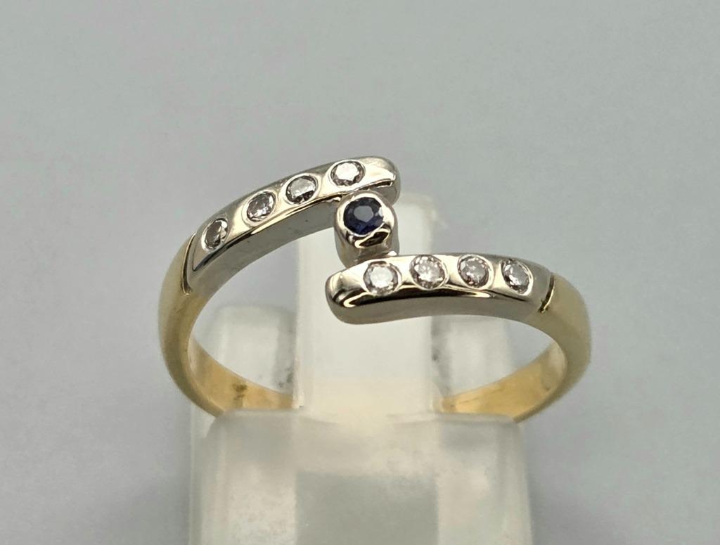 Vintage gouden bi-color ring Saffier en Diamant. 2025/595., Bijoux, Sacs & Beauté, Bagues, Plus petit que 17, Comme neuf, Or, Bleu