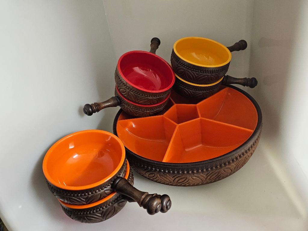Schaal Emsa oranje retro vintage + 6 schaaltjes, Antiek en Kunst, Ophalen of Verzenden