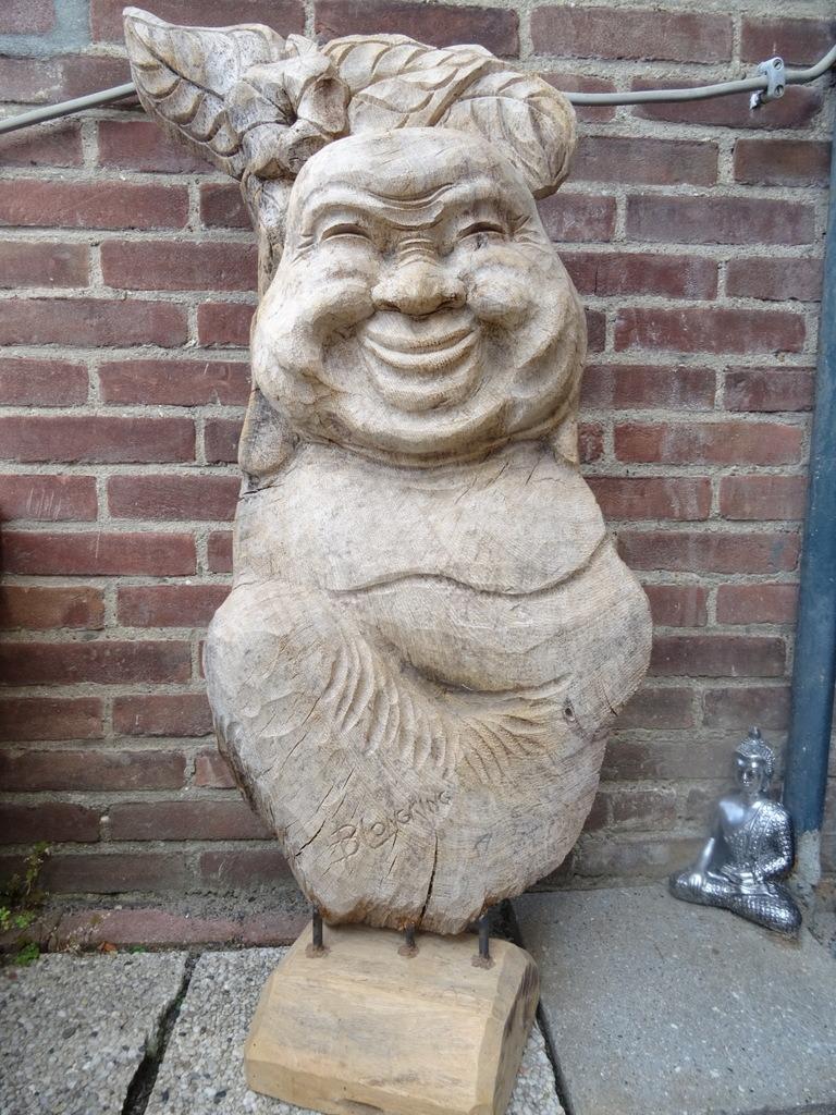 Groot houten Boeddhabeeld abstracte Boeddha 90cm B. Longking, Ophalen of Verzenden, Gebruikt