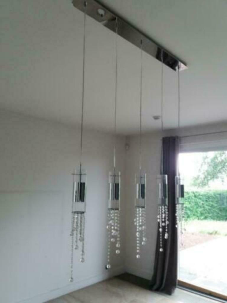 Moderne luster hoogglans zilverkleurig en glas, Ophalen, Gebruikt, Glas