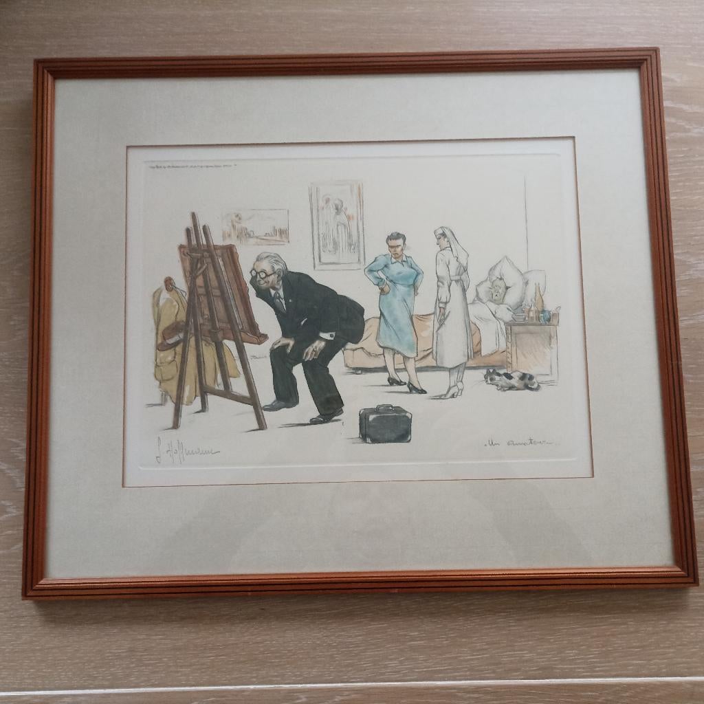 Kader met tekening ziekenbed. 50 x 42 cm. Getekend Hoffmann., Antiek en Kunst, Ophalen