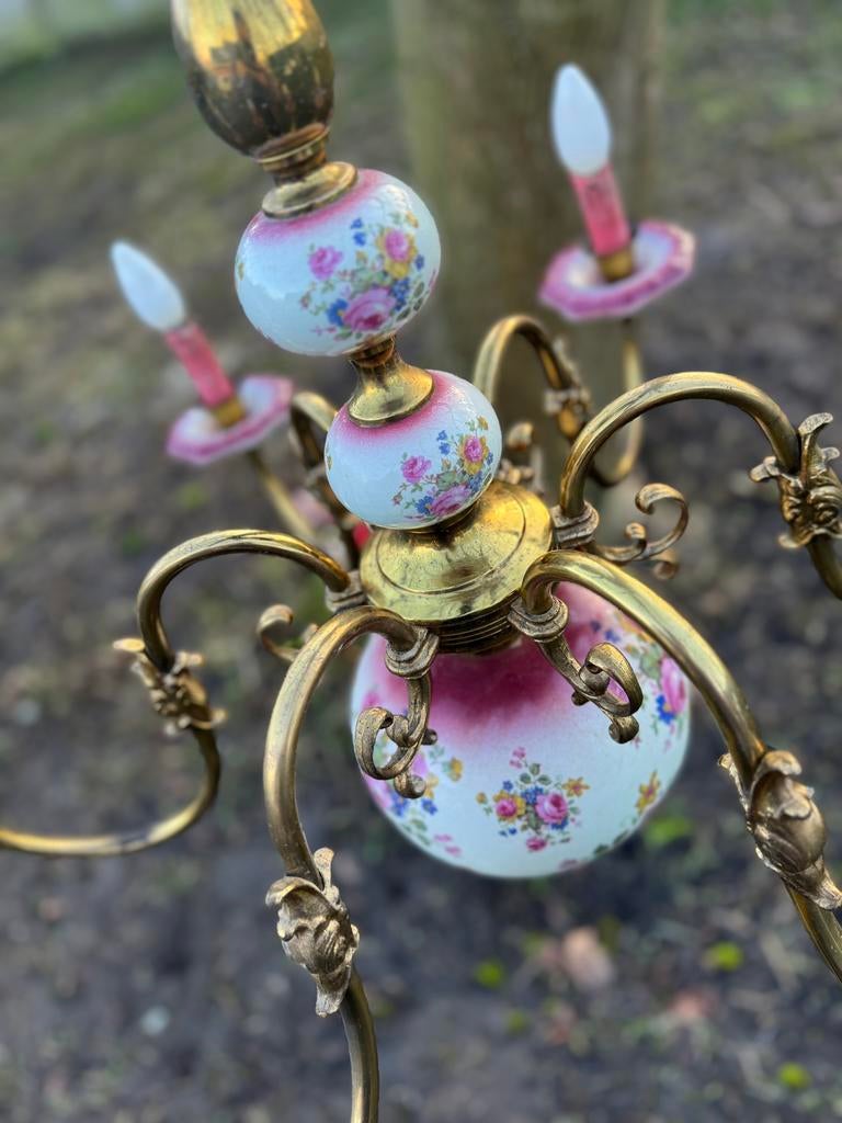 Vintage kroonluchter + 2 wandlampen – porselein & messing, Ophalen, Zo goed als nieuw