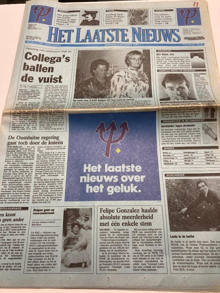 Krant Nieuwe Gazet 08/11/89 : Voetbal, Guy Thys, Blauwbloeze, Ophalen of Verzenden, 1980 tot heden, Krant