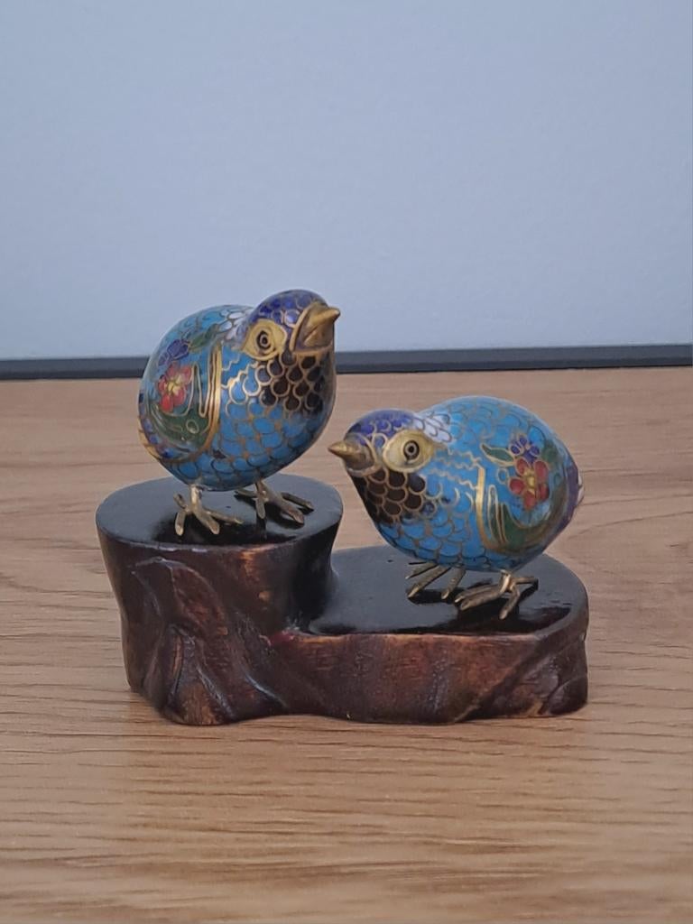 Cloisonné 2 vogeltjes op voet, Ophalen of Verzenden