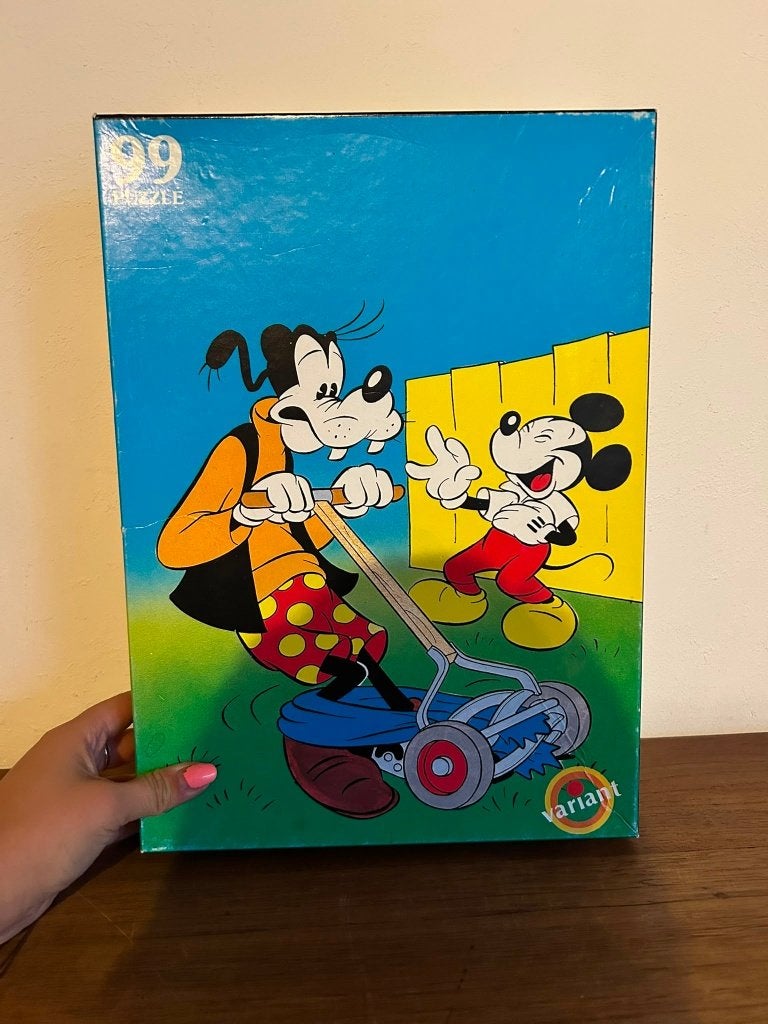 Vintage Disney puzzel – Goofy & Mickey Mouse (99 stukjes), Ophalen of Verzenden, Mickey Mouse, Gebruikt, Overige typen