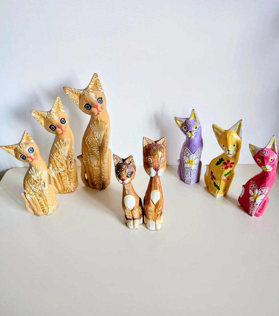 Chats en bois, artisanat d'Indonésie, Collections, Statues & Figurines, Utilisé, Animal, Enlèvement ou Envoi