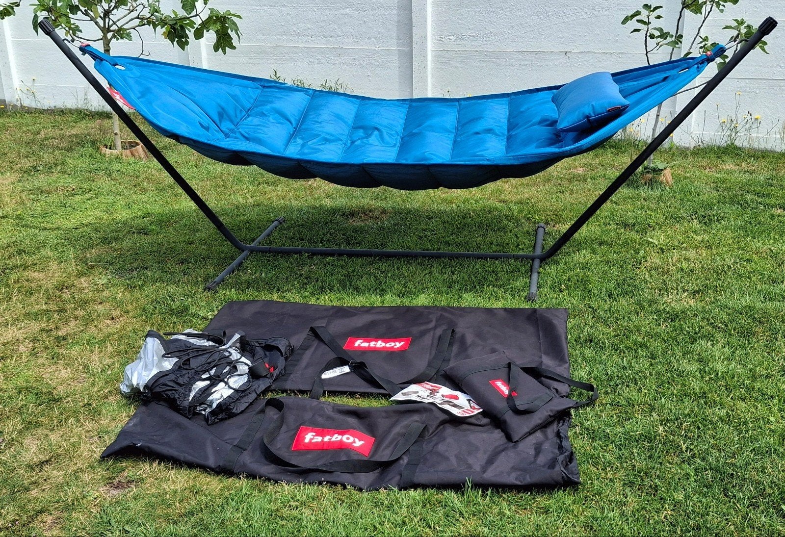 Fatboy hangmat, blauw. Inclusief kussen en regenhoes, Ophalen, Meerpersoons, Zo goed als nieuw, Opvouwbaar