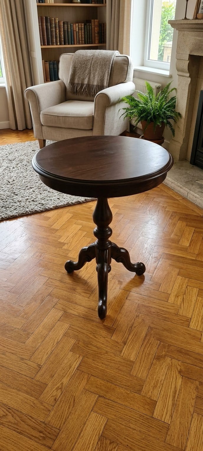 Jolie table basse ronde / Guéridon en bois teinté – Pied cen, Enlèvement