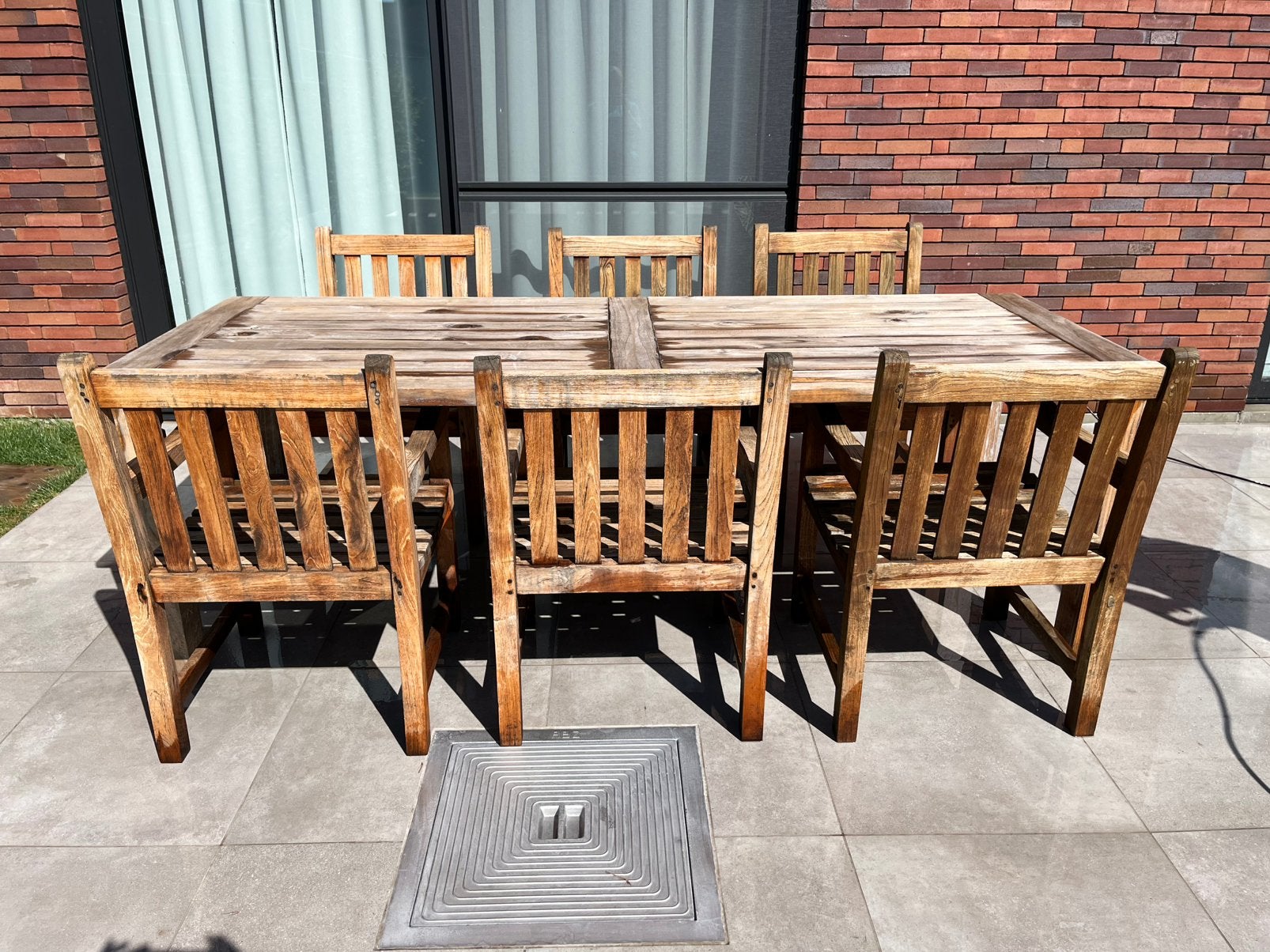 Tafel met 6  stoelen en kussentjes, Tuin en Terras, Tuinsets en Loungesets, Ophalen, Zo goed als nieuw, Teakhout