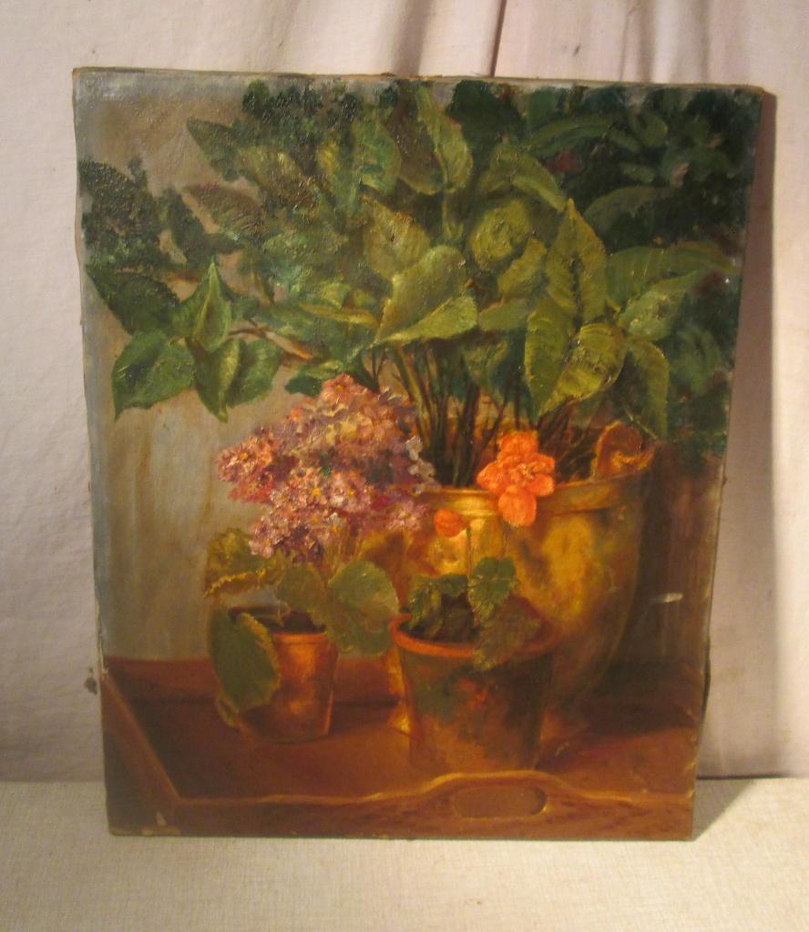 Mooi Oud Geschilderd Werk 'Bloempotten op dienblad' - 1929, Antiek en Kunst, Ophalen of Verzenden