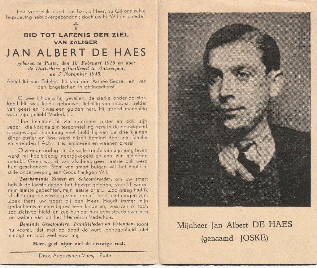 Oorlogsslachtoffer Jan De Haes  gefusilleerd Antwerpen 1943, Verzamelen, Bidprentjes en Rouwkaarten, Verzenden