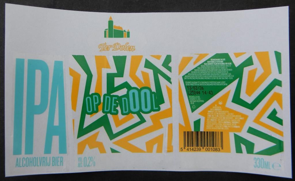 Bieretiket Op de Dool alc vrij IPA Brouw. Ter Dolen (12a0), Verzamelen, Verzenden, Gebruikt