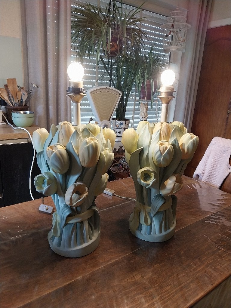 2 tulpen tafellampen, Meerkleurig, Ophalen, Gebruikt, 54 cm