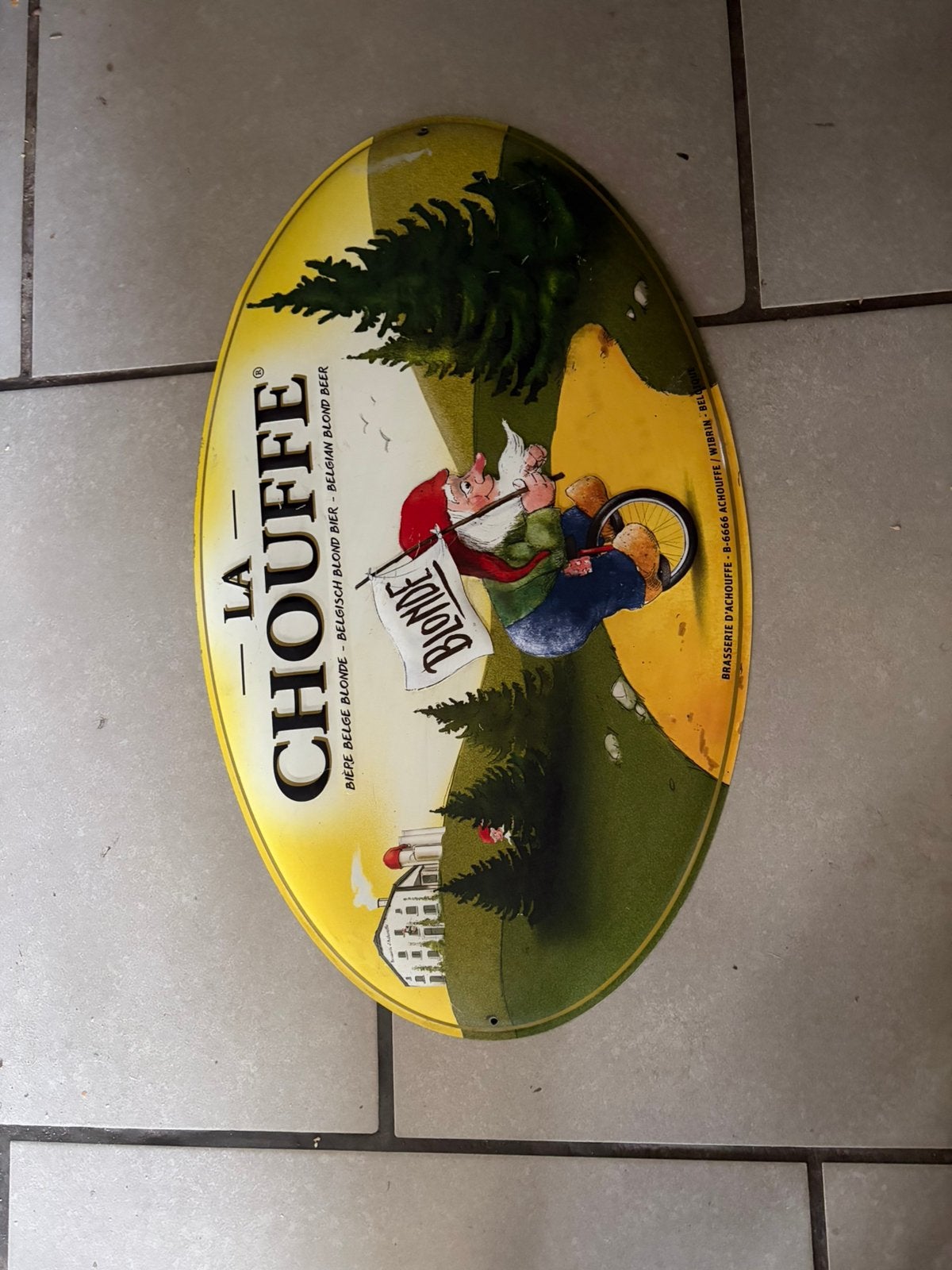 Blikken bord la chouffe (2), Verzamelen, Ophalen, Gebruikt, Reclamebord, Plaat of Schild, Overige merken