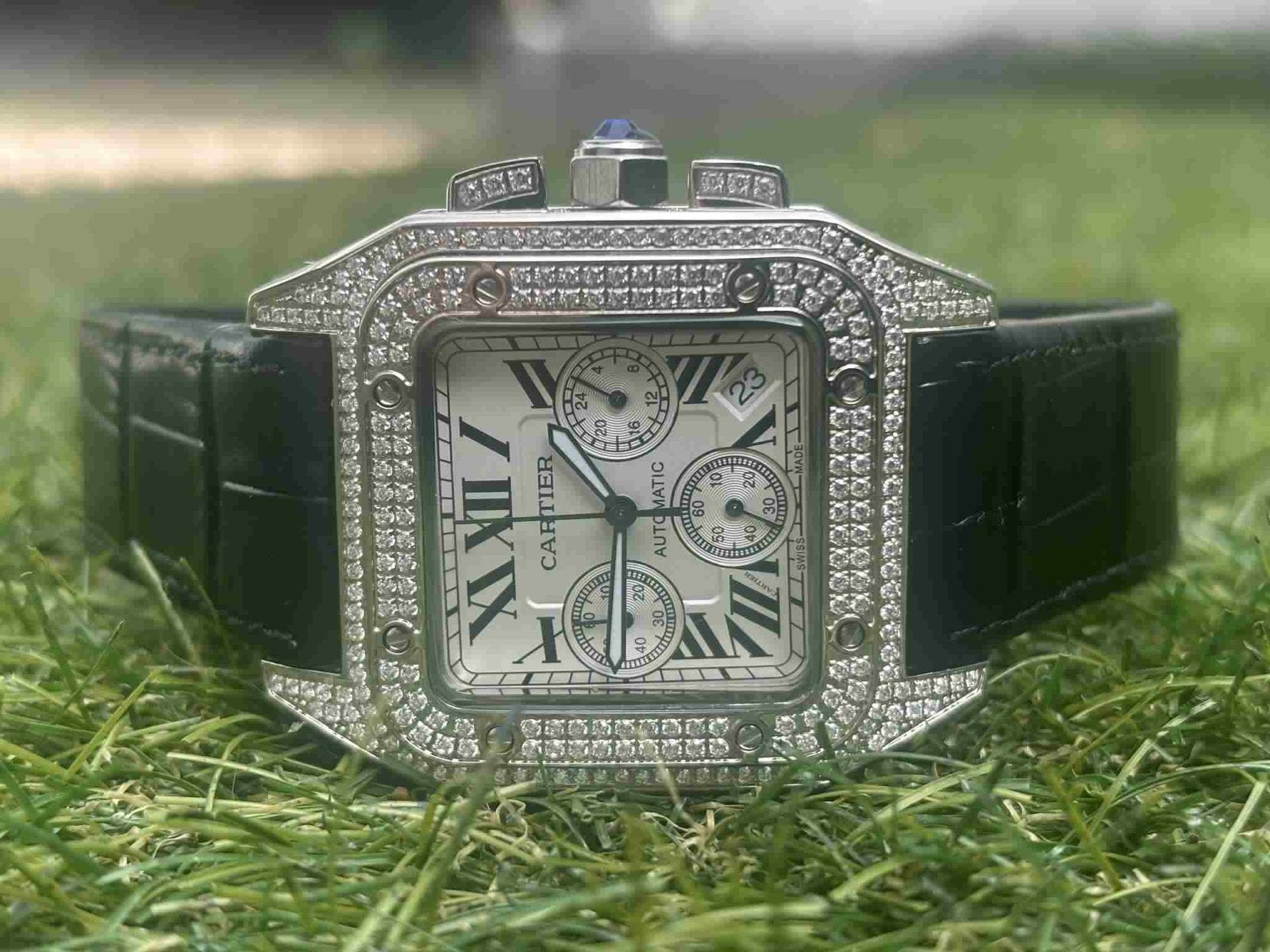 Te koop Cartier Santos 100 Chronograaf,Diamond, Handtassen en Accessoires, Horloges | Heren, Leer, Staal, Polshorloge, Nieuw