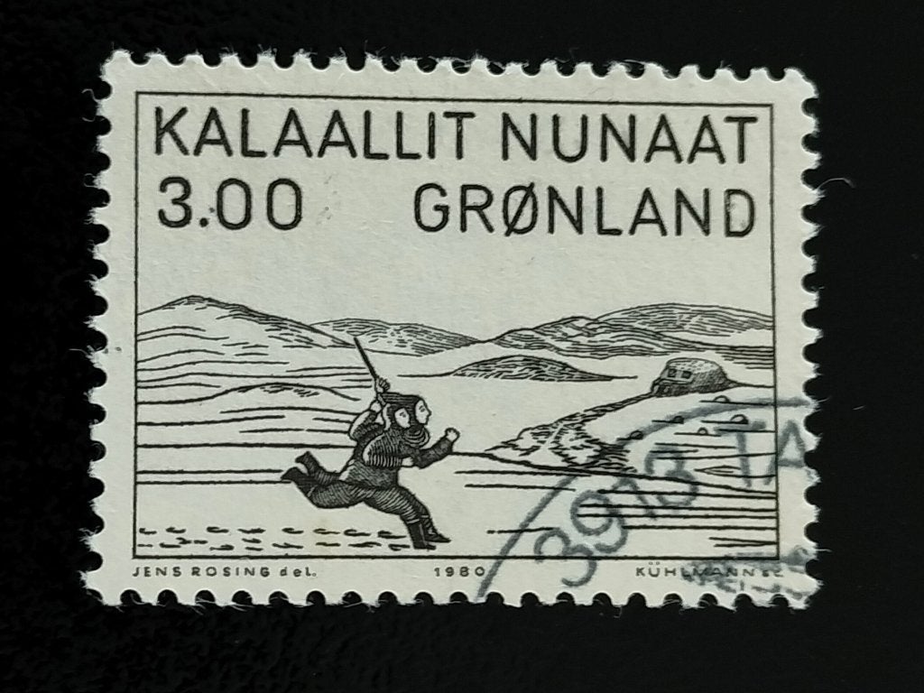Groenland 1980 - kunst, Houtgravure door Aaron van Kangeq, Verzenden, Denemarken, Gestempeld