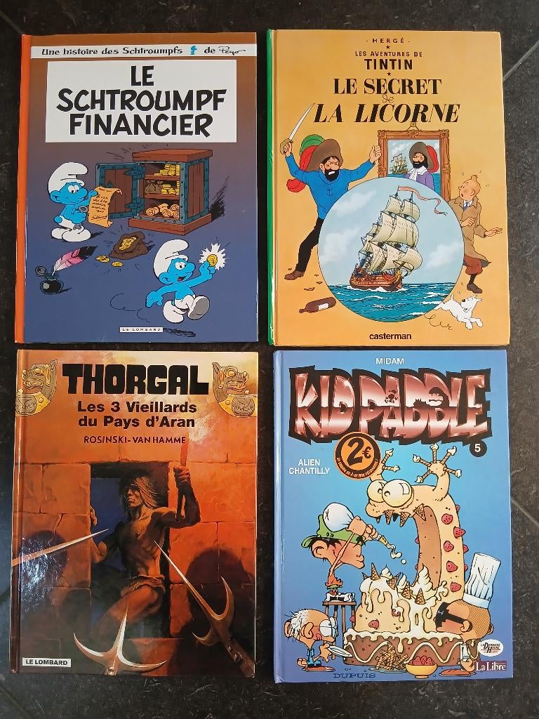 Lot de 4 BD Tintin, Schtroumpf, Thorgal, Kid Paddle, Meerdere stripboeken, Ophalen of Verzenden, Gelezen, Divers auteurs