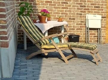 Teakhouten ligstoelen (set van 2) incl.spec gemaakte kussens, Tuin en Terras, Ligbedden, Ophalen, Zo goed als nieuw, Hout, Verstelbaar