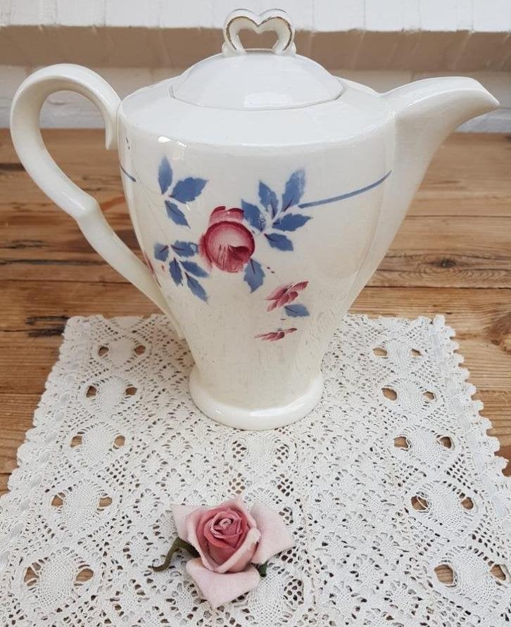 Grote Franse brocante koffiepot, spuitmotief rozen, St.Amand, Antiek en Kunst, Ophalen of Verzenden