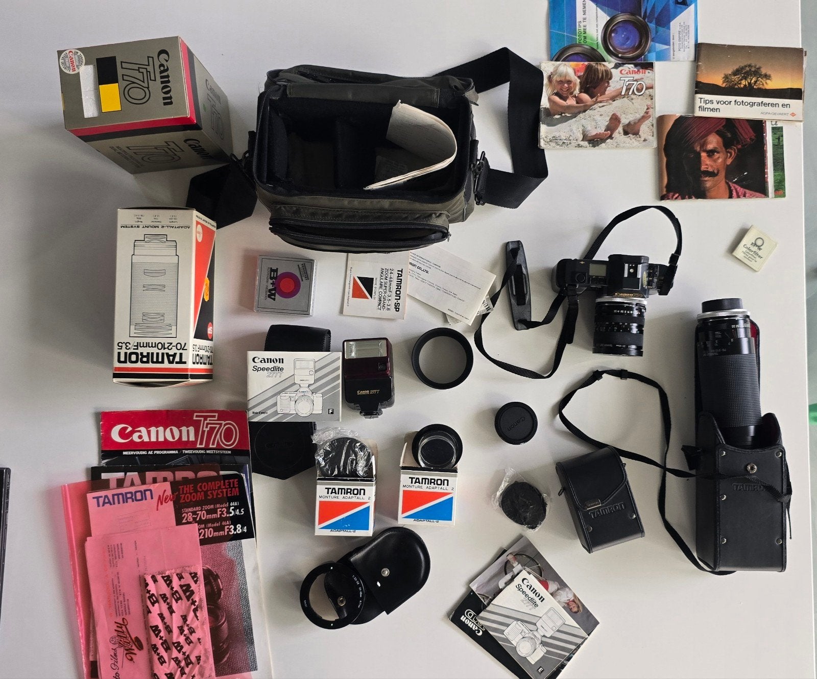 Canon T 70 1984 2x Tamron , flitser 277T , orig. factuur, .., Ophalen of Verzenden, Canon
