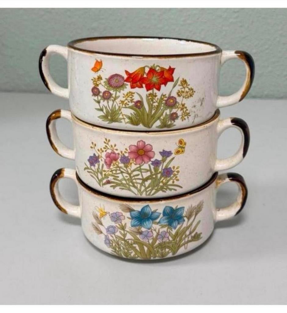 Wildflower servies 3 soepkom soep kom kommen bloemen vintage, Antiek en Kunst, Ophalen of Verzenden