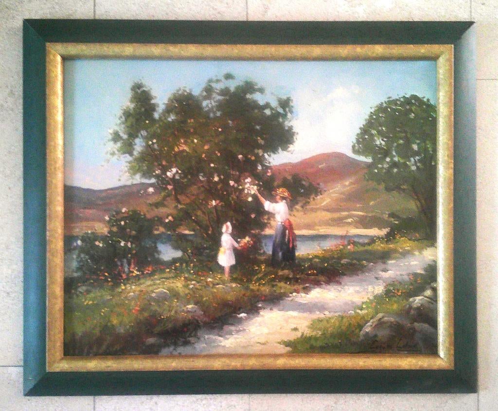 Moeder en kind plukken bloemen - Eugéne Latour, Antiek en Kunst, Kunst | Schilderijen | Klassiek, Ophalen of Verzenden