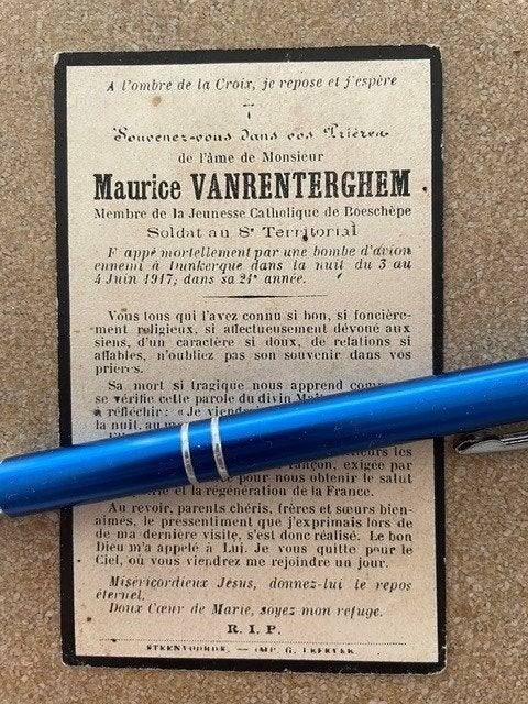 14-18 Soldat au 8reg InfBoeschepe 59 Vanrenterghem +6/1917, Verzamelen, Bidprentjes en Rouwkaarten, Ophalen of Verzenden, Bidprentje