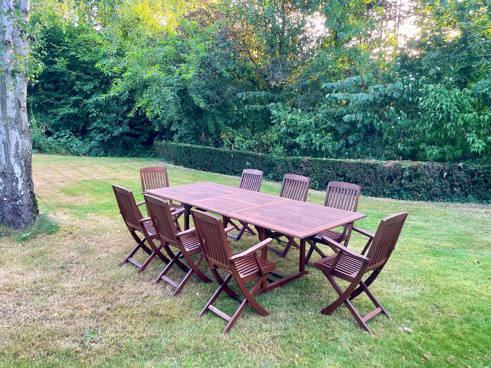 Prachtige teak tuintafel + 8 stoelen (volledig behandeld!), Tuin en Terras, Ophalen, Teakhout, Tuinset, Eettafel