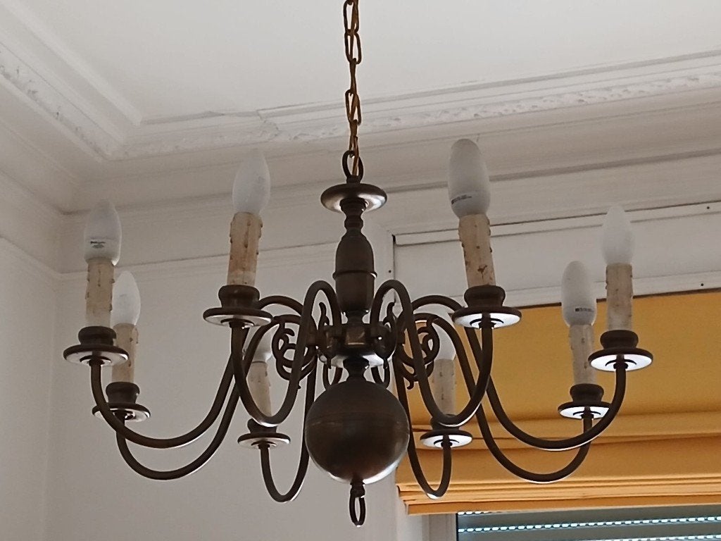 Koperen kroonluchter, Huis en Inrichting, Lampen | Kroonluchters, Ophalen, Ancien, Gebruikt, E14 (klein)