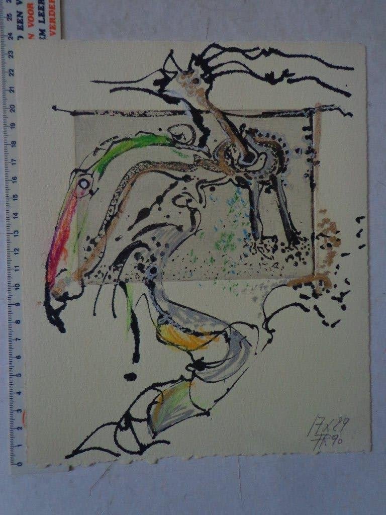 kleurrijke gemengde techniek van Frits Vertongen 1990 (2), Antiek en Kunst, Kunst | Schilderijen | Modern, Abstract, Gemengde techniek