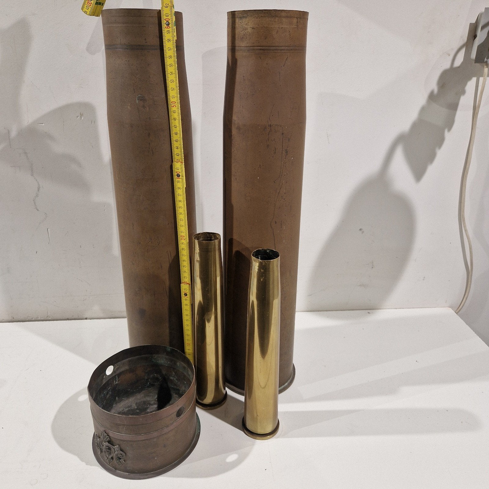 62 cm hoog , set van 5 obussen , hulzen,  15 kilo koper, Ophalen of Verzenden, Hulzen of Bodemvondsten