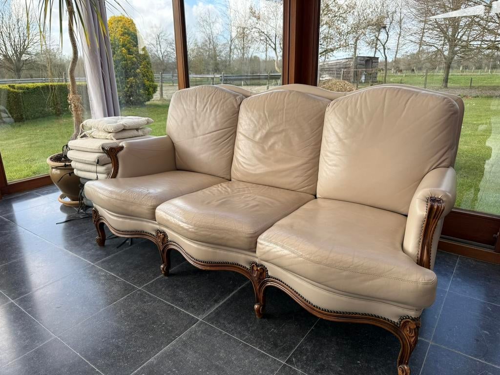 Beige lederen drie-zit zetel, Ophalen, Gebruikt, Driepersoons