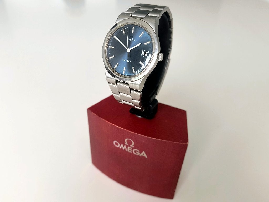 Omega Genéve blue dial, Handtassen en Accessoires, Horloges | Heren, Staal, Gebruikt, Staal, Polshorloge