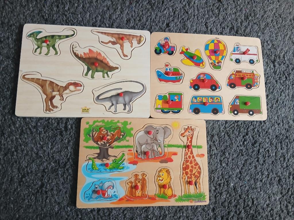 3 houten noppenpuzzels - Dino, Safari & Verkeer, Ophalen, Zo goed als nieuw, Van hout
