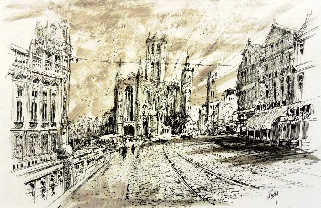 Tirage, édition 1/10 « Les Trois tours de Gand » signée, Antiquités & Art, Impression, Paysage urbain / rural, Papier, Envoi