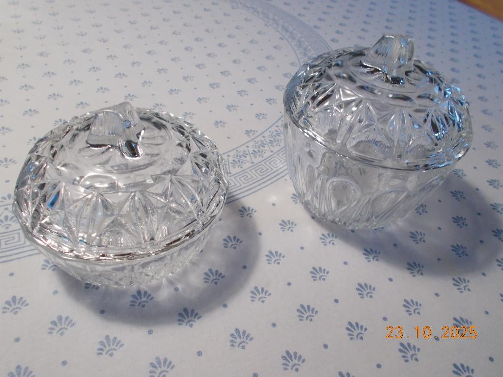 Set van 2 Vintage glazen potjes (Reims), Huis en Inrichting, Keuken | Servies, Zo goed als nieuw, Glas of Glazen, Glas, Ophalen