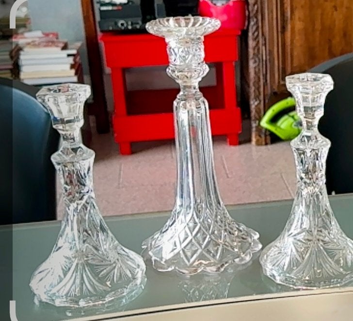 Drie kristallenkandelaars, vintage, Huis en Inrichting, Woonaccessoires | Kandelaars en Kaarsen, Ophalen