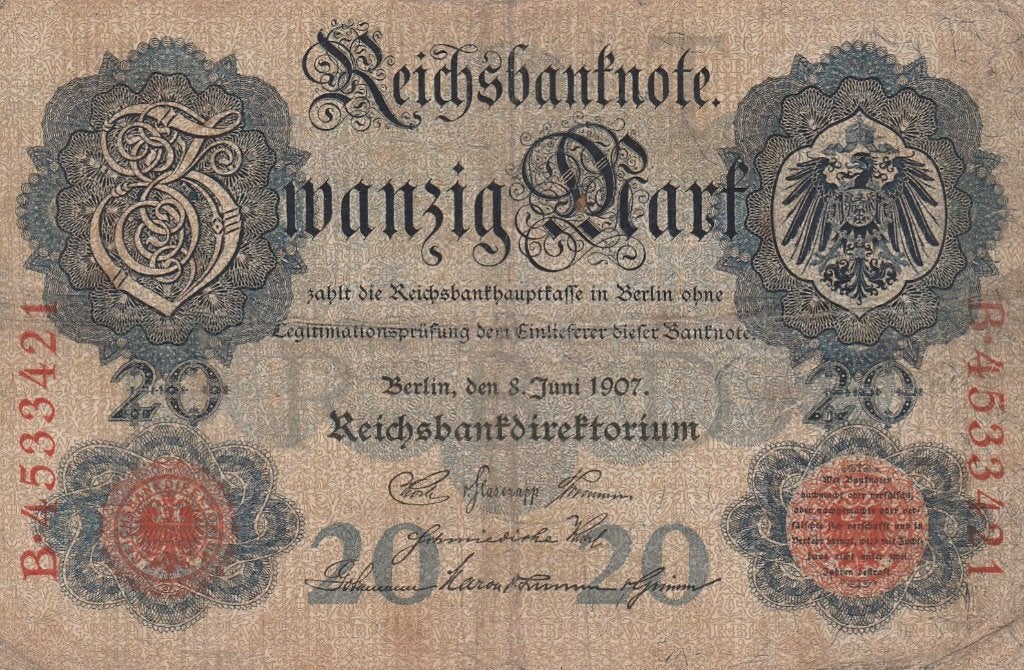 Het Reichsbankbiljet van 20 Mark uit 1907, Postzegels en Munten, Ophalen of Verzenden