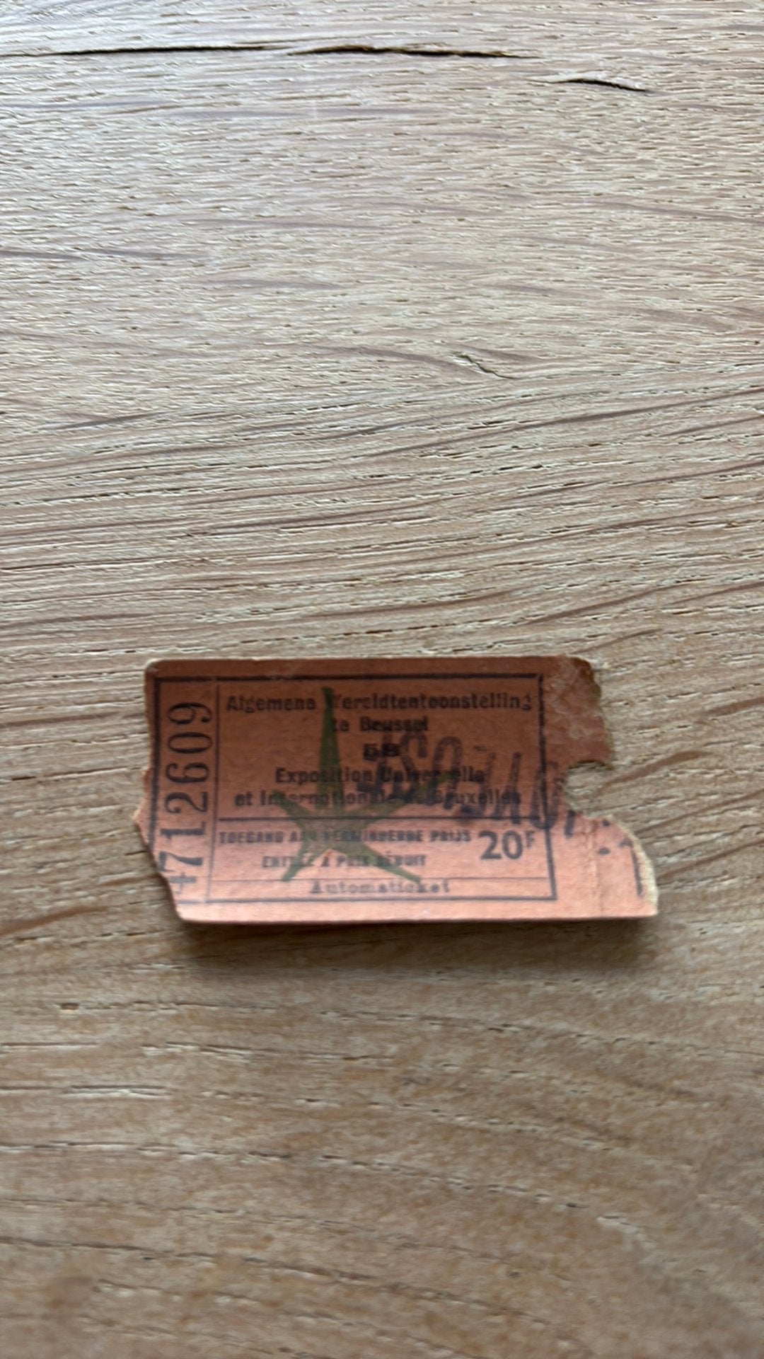 oud ticket voor de Wereldtentoonstelling van 1958, Ophalen of Verzenden