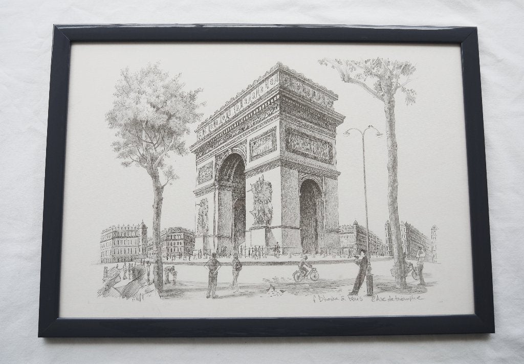 Potloodtekening - Arc de Triomphe in Parijs – F. Dhostee, Realistisch, Ophalen of Verzenden, Tekening, Origineel werk