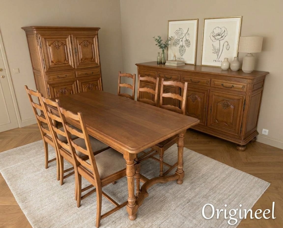 Belgische vol eikenhouten eetkamer met mooi potentieel, Ophalen